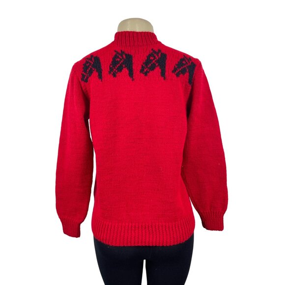 Handmade Knitted Red Sz M/L Sweater With Black Horse Design Long Sleeve Crew Nec - Picture 3 of 5